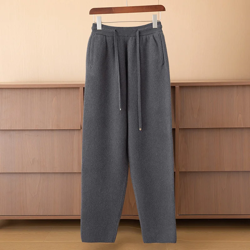 100% pure wool men's thick elastic waistband solid color knitted small leg pants loose casual warm outer wear