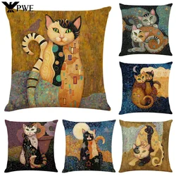 New Art Mural Cat Print Linen Pillowcase for Sofa Animal Design Vintage Pillow Covers 45x45cm Home Decorative Cushion Cover