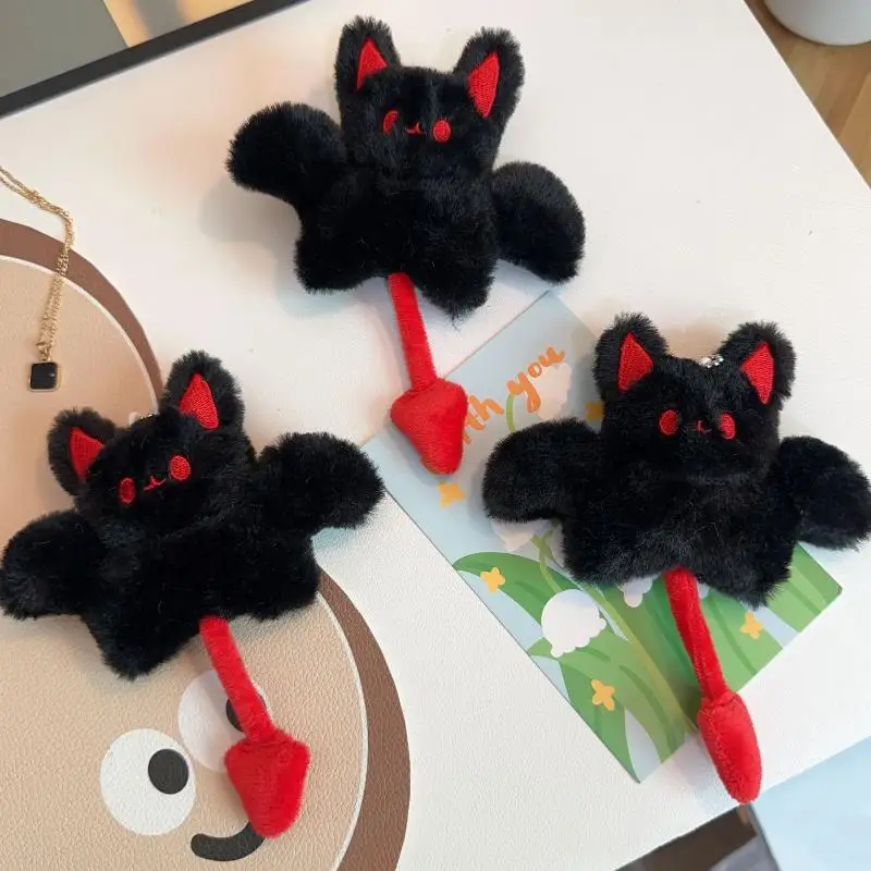 Soft Fluffy Black Plush Bat Keychain Cute Red Accent Perfect For Halloween Gifts Bag Backpack Decor Accessory