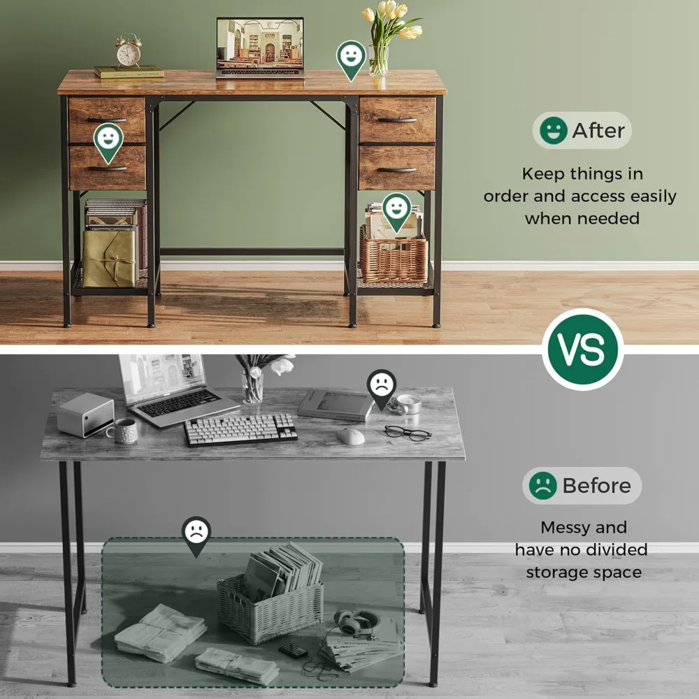 47 Inch Computer Desk with 4 Drawers, Office Desk with Mesh Shelf, Gaming Desk, Large Storage, Writing Work Desk for Home Offic