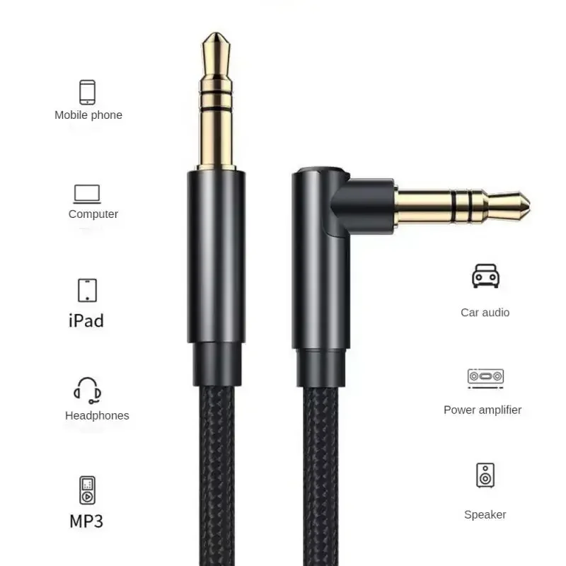 0.5/1/1.5/2m 3.5 มม.สายสัญญาณเสียงชายชายสเตอริโอAUXสายไฟทอง 90 องศามุมขวาสายสัญญาณเสียงสําหรับ