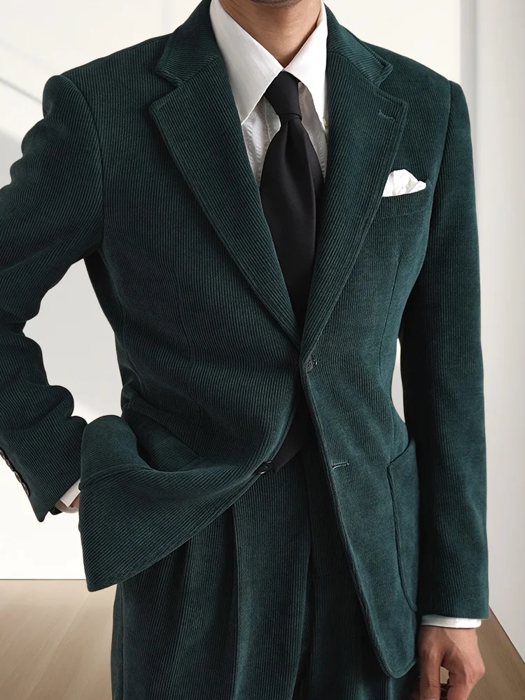 

Dark green Corduroy Men's Blazer Suit Jacket Banquet Suit Winter Warm Coat Comfortable Commuting Casual Fashion Men Clothing