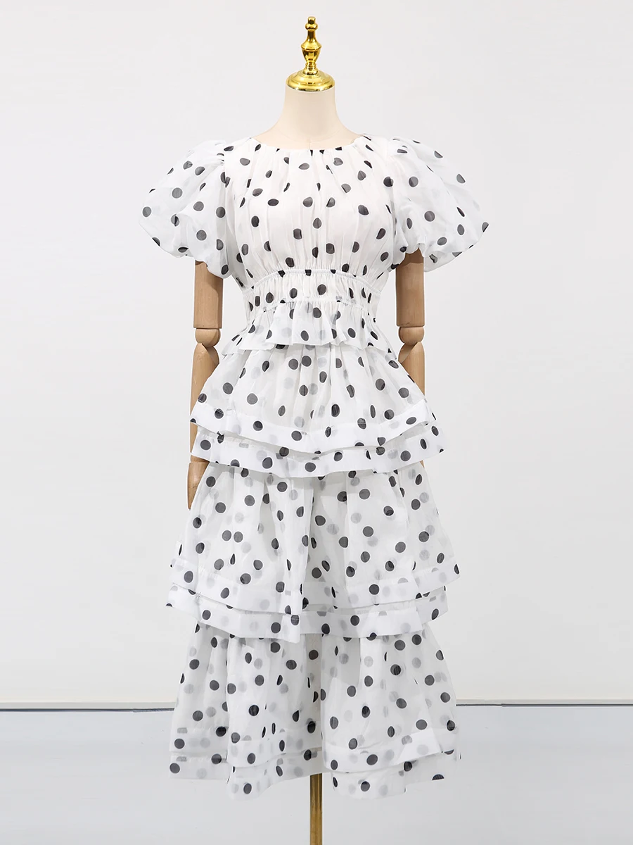 TWOTWINSTYL Hit Color Polka Dot Two Piece Set For Women O Neck Short Sleeve Top High Waist Temperament Skirt Sets Female Fashion