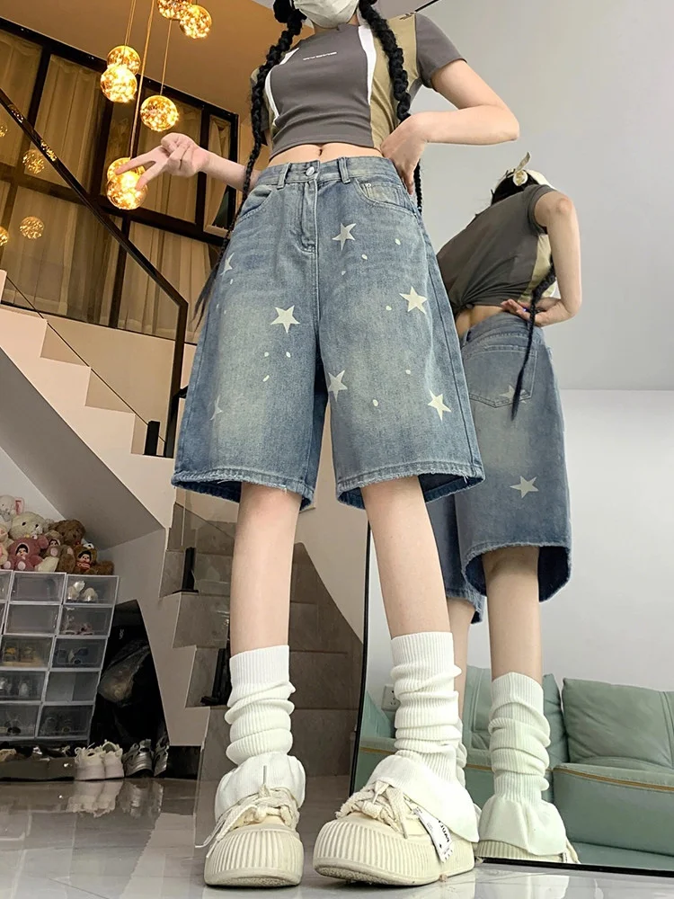 Retro High Waist Wide Leg Five-Pointed Star Denim Shorts Women Summer Design Loose Slimming Shorts Trendy Commuter Style Jeans