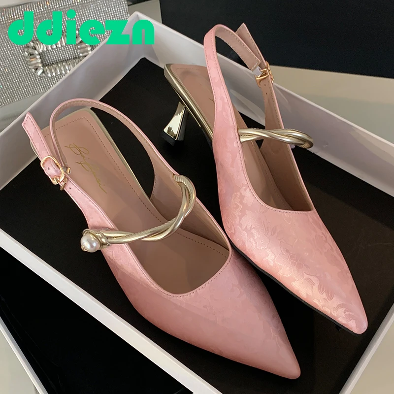 Slingbacks Pumps Women Heels Fashion Footwear Sandals Shoes For Female Pink Pointed Toe Ladies Buckle Strap High Heels Shoes