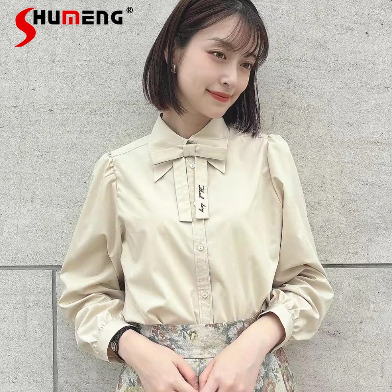 

2025 Autumn Winter Japanese Lolita Style Sweet Retro Shirt Versatile Solid Color Top Bow Tie Collar Long Sleeves Blouse De Mujer