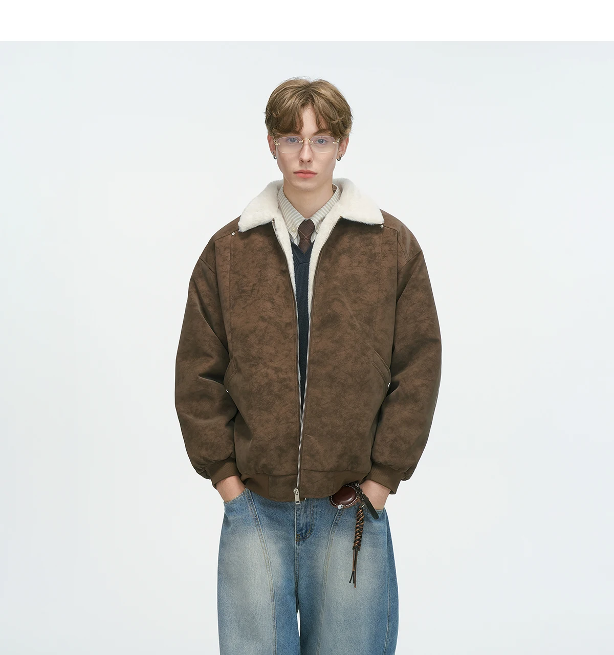 2025 الخريف الشتاء النمط الأمريكي الرجال سميكة الدافئة البني الرمادي الأسود صوف الضأن بدوره إلى أسفل طوق سترة قطن #3