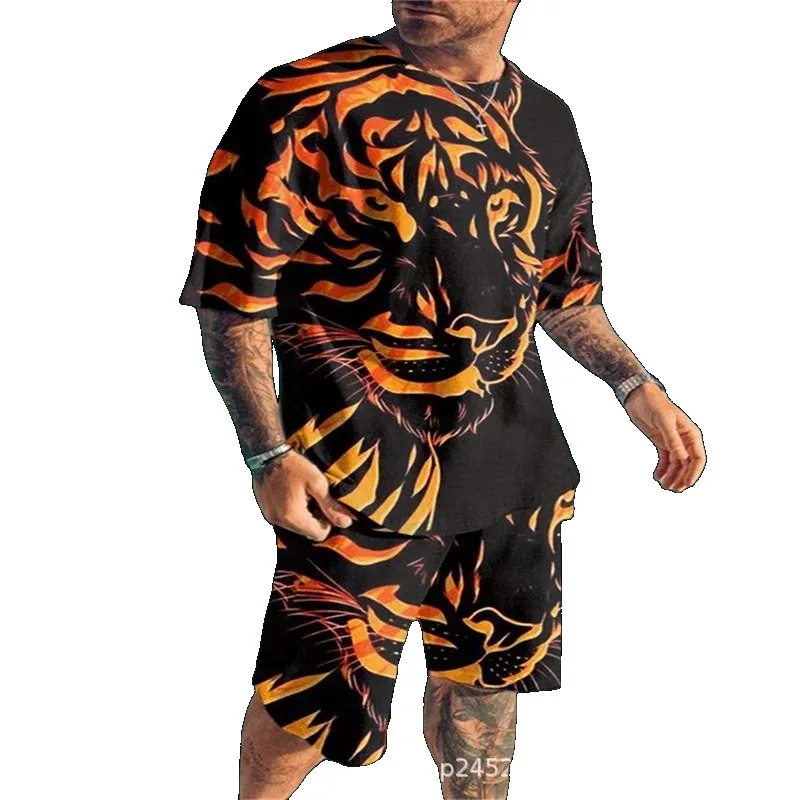 2025 Summer 3D Printing Set Casual Men's T-shirt Sportswear Short Sleeve 2-piece Set Round Neck Comfortable Daily Casual Style