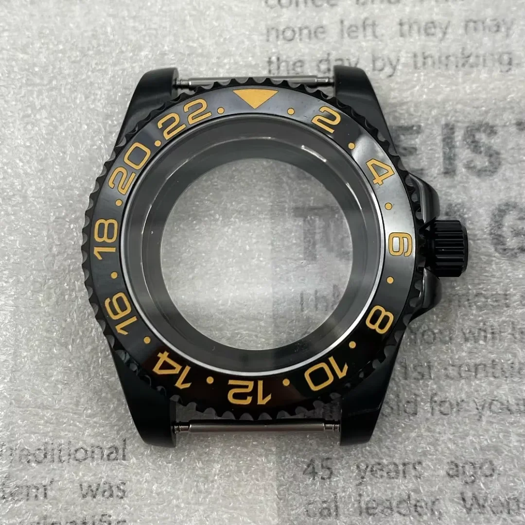 Sub gmt 42mm pvd anel preto caixa de relógio com moldura inclinada para nh35 nh36 nh38 nh70 nh72 movimento 28.5mm dial mods 007 caso