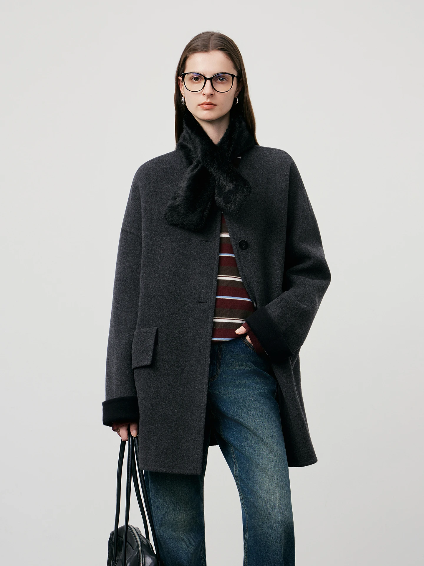 

Женское двустороннее шерстяное пальто River с круглым вырезом, легкое, объемное, для повседневной носки, из шерсти и кашемира