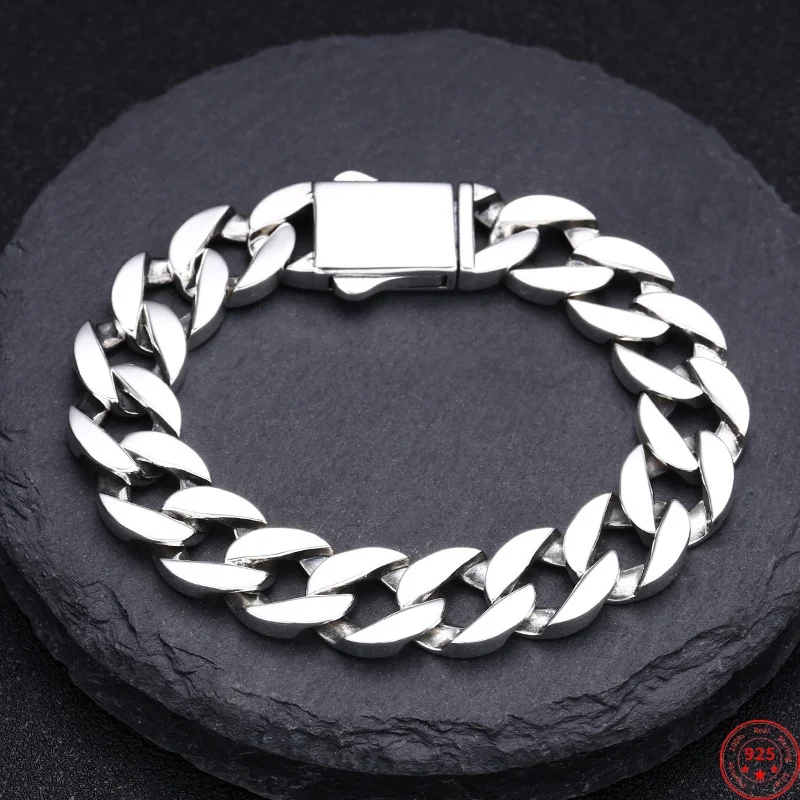 

S925 Sterling Silver Bracelets for Women Men New Fashion Smooth Surface 12mm Wide Tank-chain Punk Jewelry Wholesale