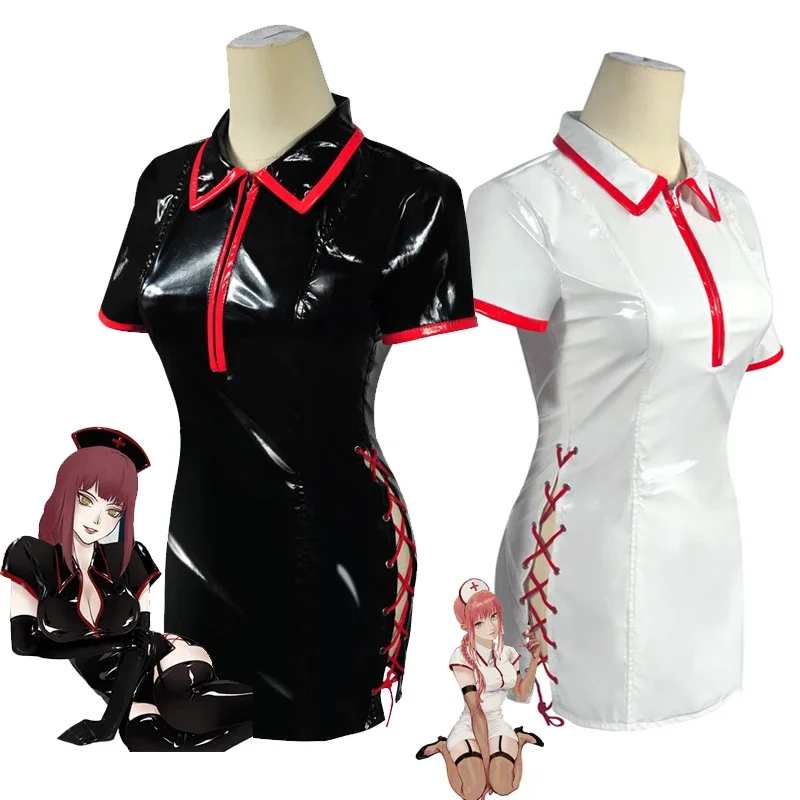 Anime chainsaw man cosplay costume Makima power sexy nurse uniform PU leather dress suit wig women Halloween cosplay outfits