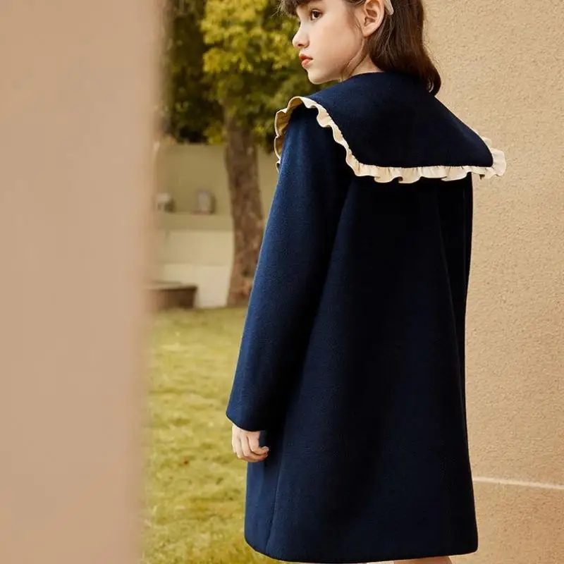 2024 Winter New Turn-down Collar Girl Coat Preppy Style Fashion Girls Coats Single Breasted Buckle Long Sleeve Children Clothing