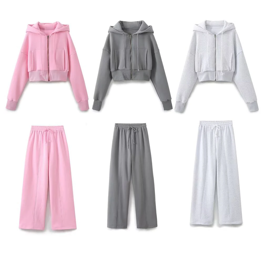 European and American style winter new fashionable casual hooded short hoodie loose velvet jogging pants set