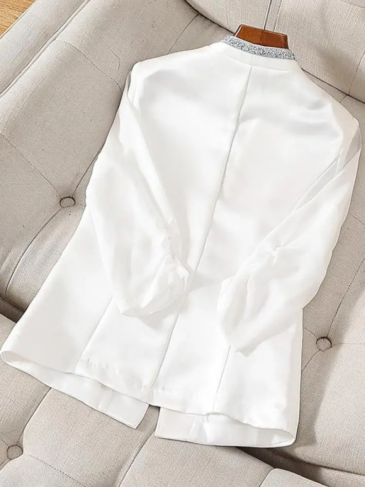 韓国女性用ブラックホワイトパッチワークVネックシングルボタンオフィスレディブレザーコート秋ベージュ7分袖万能トップス