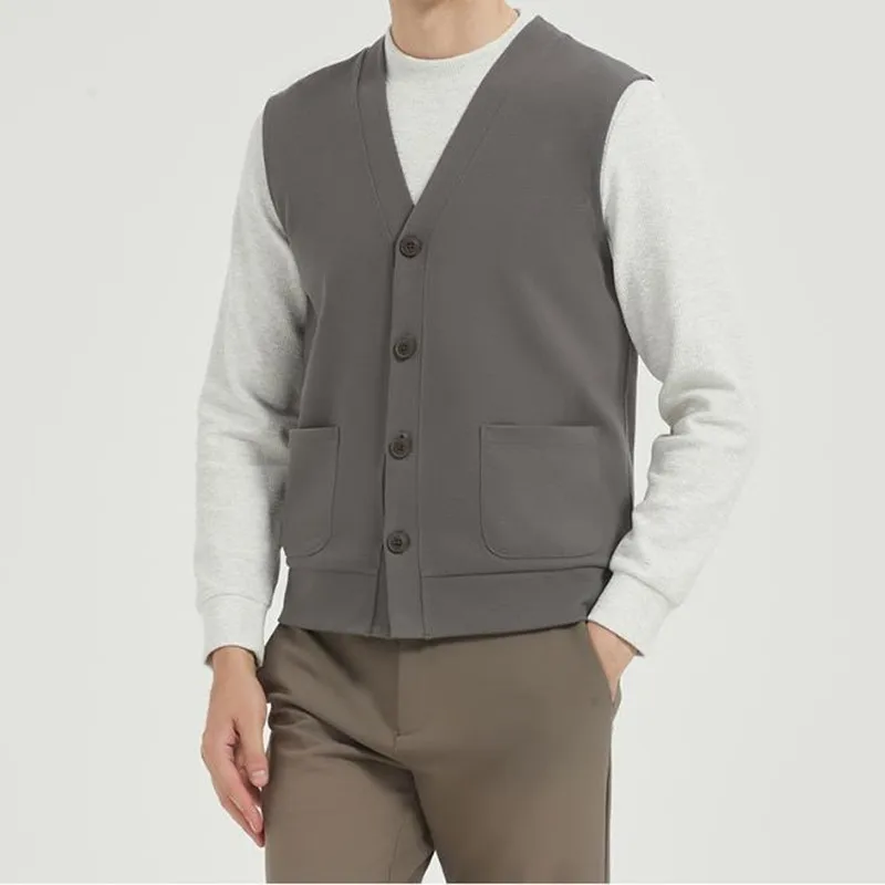 Men's Vest V-neck Pullover Pure Color Sleeveless Loose Casual Jacket Twill Knit Fabric Fashion Tops Spring Autumn