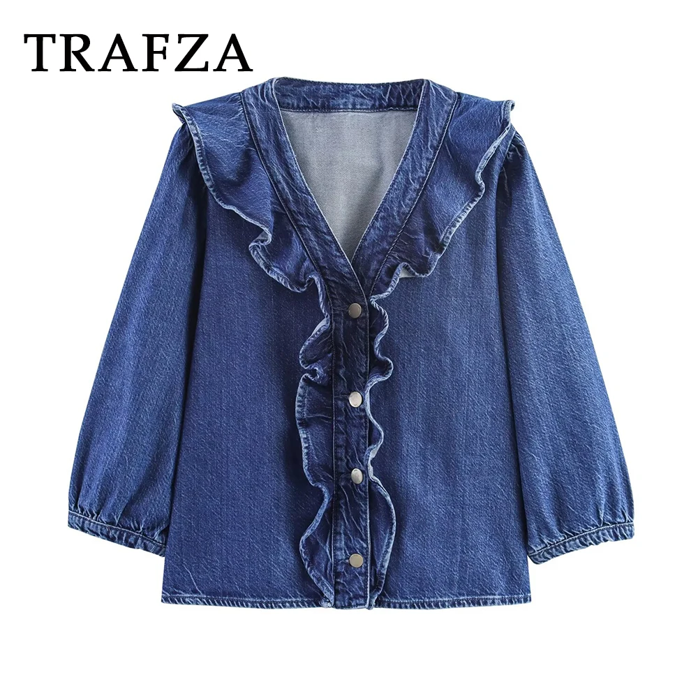 

TRAFZA Vintage Fashion 2025 Denim Casual Women Shirt Streetwear Single Breasted Lace Loose Shirt Chic Casual Autumn Chic Blouse