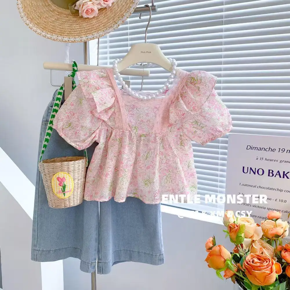 2025 New Summer 2-7 Year Old Girls Korean Short Sleeve Top Girl Baby Temperament Sweet Pink Lace Shirt Tide