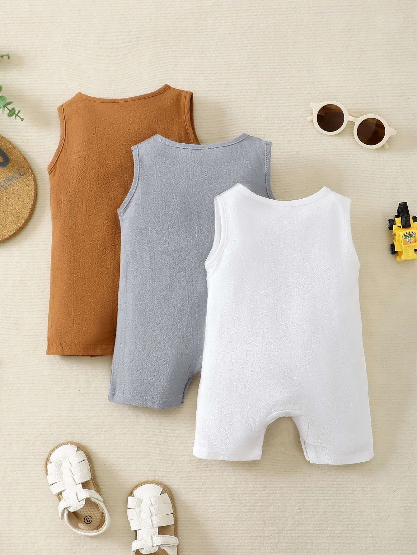Baby Boy Three-Piece Set Sleeveless Vest Water-Wrinkled Pure Cotton Short Pants Jumpsuit Shorts