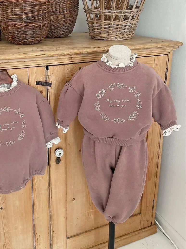 Autumn Winter Outfits Girl Baby Plus Velvet Thick Sweatshirt Set Boy Children Fleece Cotton Letter Print Tops + Solid Pants 2pcs