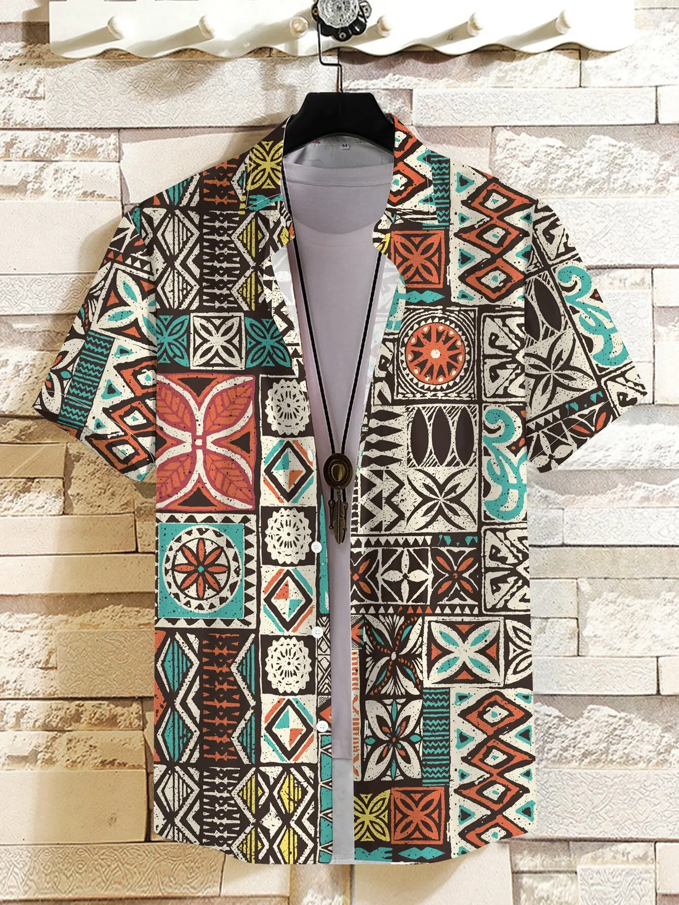 

Men's Short Sleeve Casual Shirt with Tribal Geometric Print