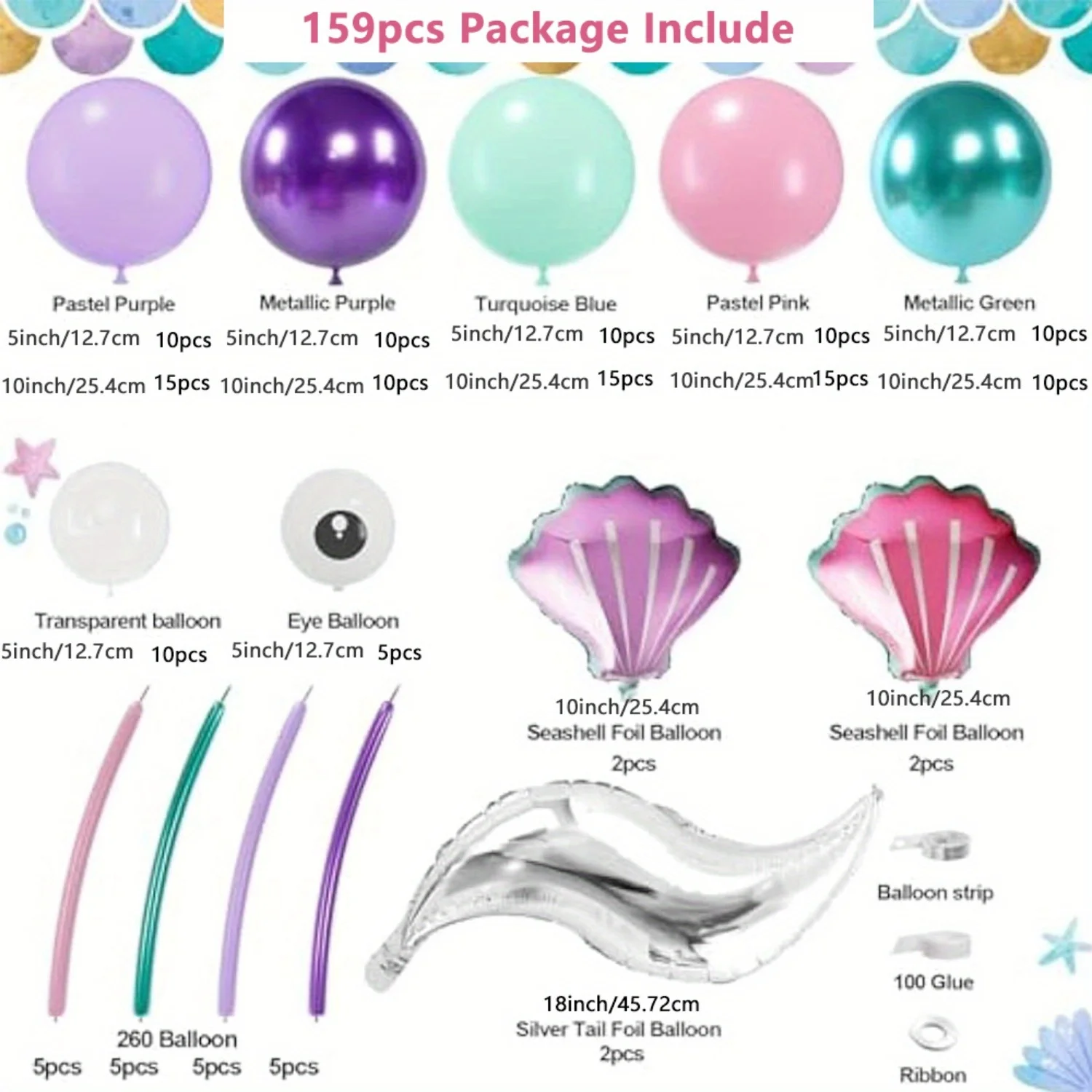 159 Pcs Mermaid Princess Balloon Sets，for Birthdays Pool Beach Parties Anniversaries Graduation Ceremonies Summer Decorations