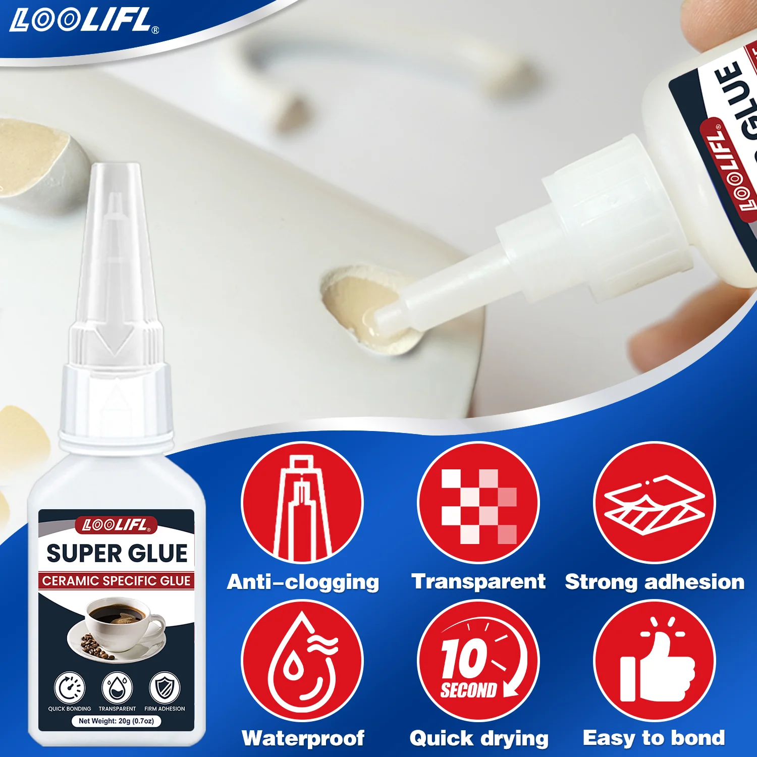 Loolifl, Super Glue, Ceramic Adhesive, Quick-Drying Glue, Used for Water Cups, Ceramics, Crafts, Vases, Kettles, Industrial Grade