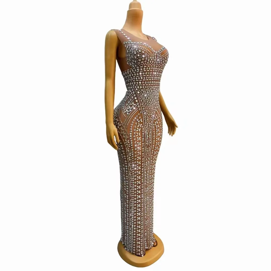 Silver Rhinestones Brown Transparent Dress Birthday Celebrate Evening Stretch Costume Sexy Dance Performance Photo Shoot Gowns