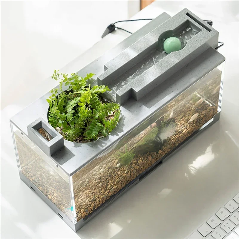 Desktop Mini Fish Tank Small Creative Filter Circulating Water System Aquarium Tank with USB Water Pump for Home Office Decor