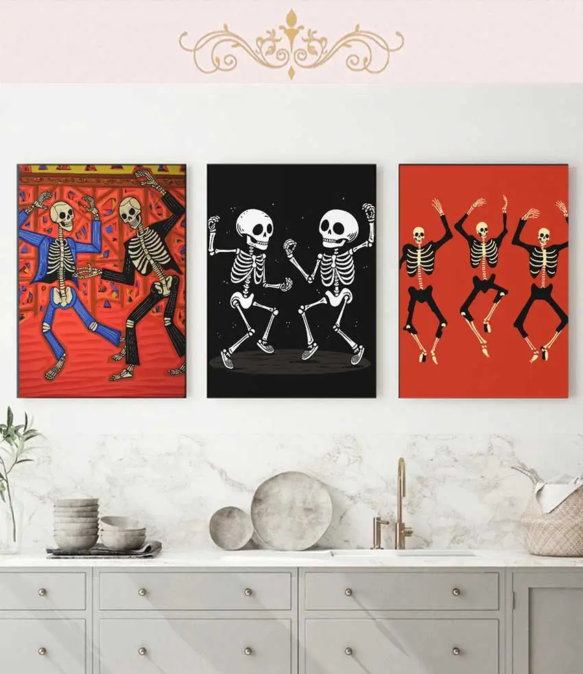 Colorful Vintage Halloween Canvas Print, Fun Abstract Dancing Skeleton Wall Art for Living Room, Bedroom & Holiday Home Decor