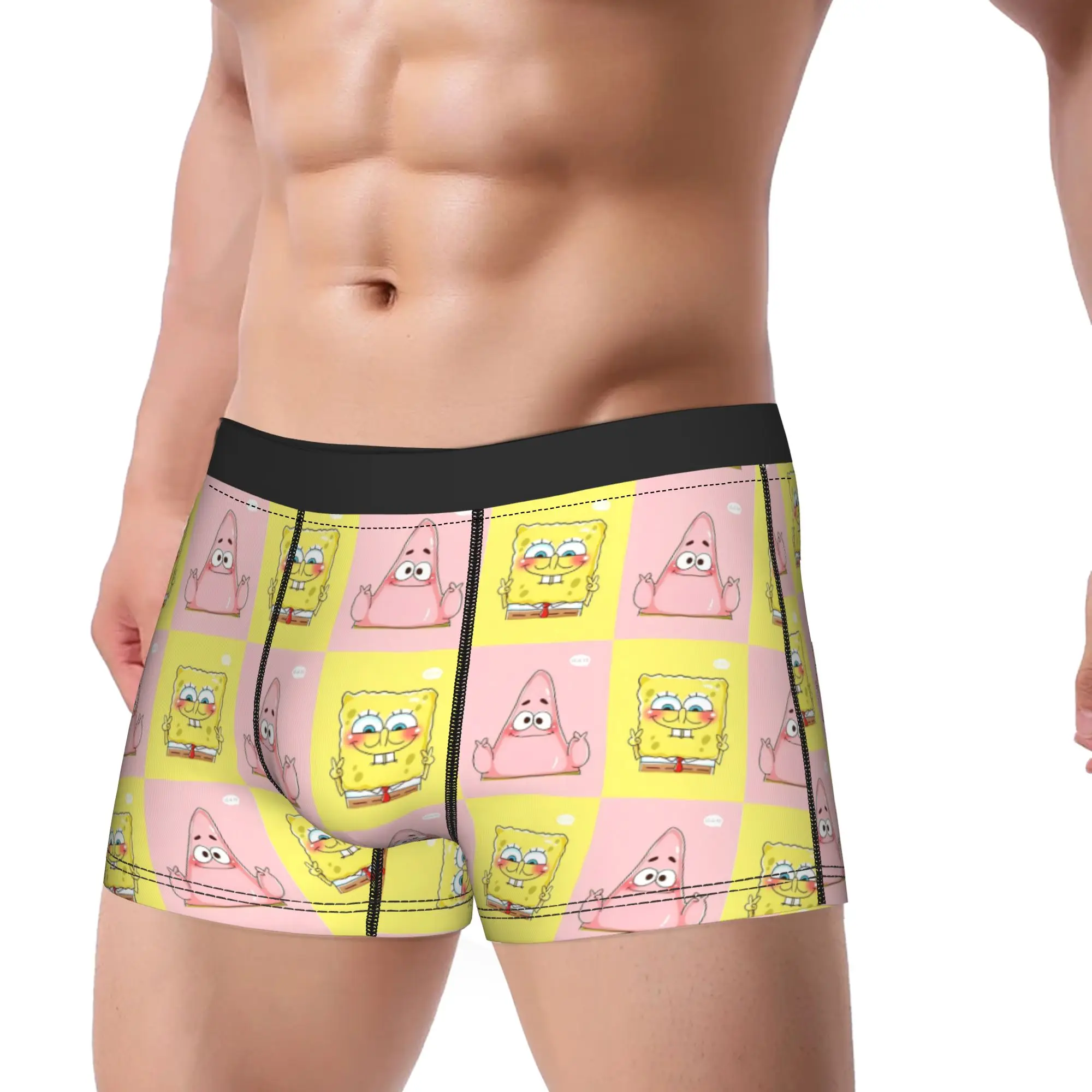 SpongeBobs Four Grid Sponge Patrick Split Underwear  Men Panties Custom Soft Trend Boxershorts Hot Sale Shorts Briefs Big Size