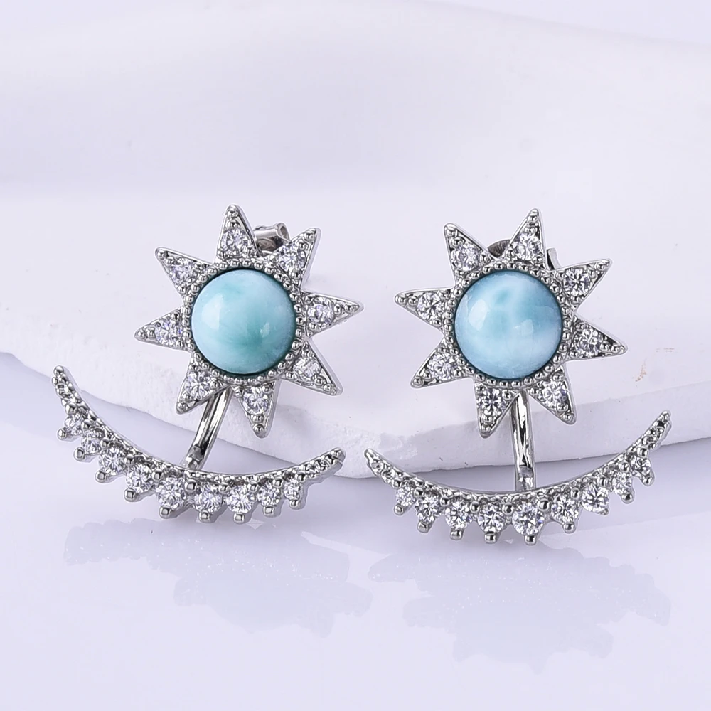 Art Deco Natural Larimar Hoop Earrings Silver Plated Earrings Unique Hexagram Jewelry Bule Gemstone For Women Girl Wedding Gift