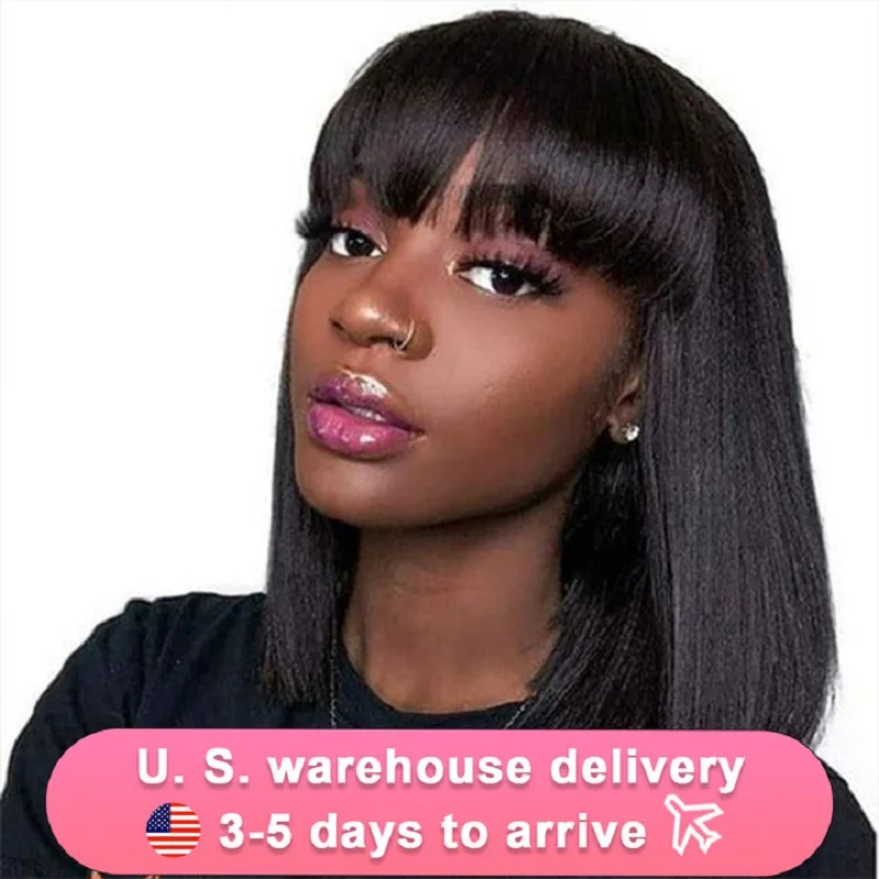 

Straight Short Bob Human Hair Wigs With Bang Brazilian Remy Human Hair Bob Wig Transparent 13x6x1 T Part Lace Wigs Natural Color