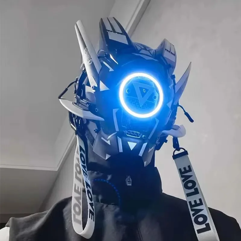 Cyber Punk Mask With White Circle Light Halloween Party Mech Mask Cosplay Costumes Mechanical Warrior Mask Photography Props