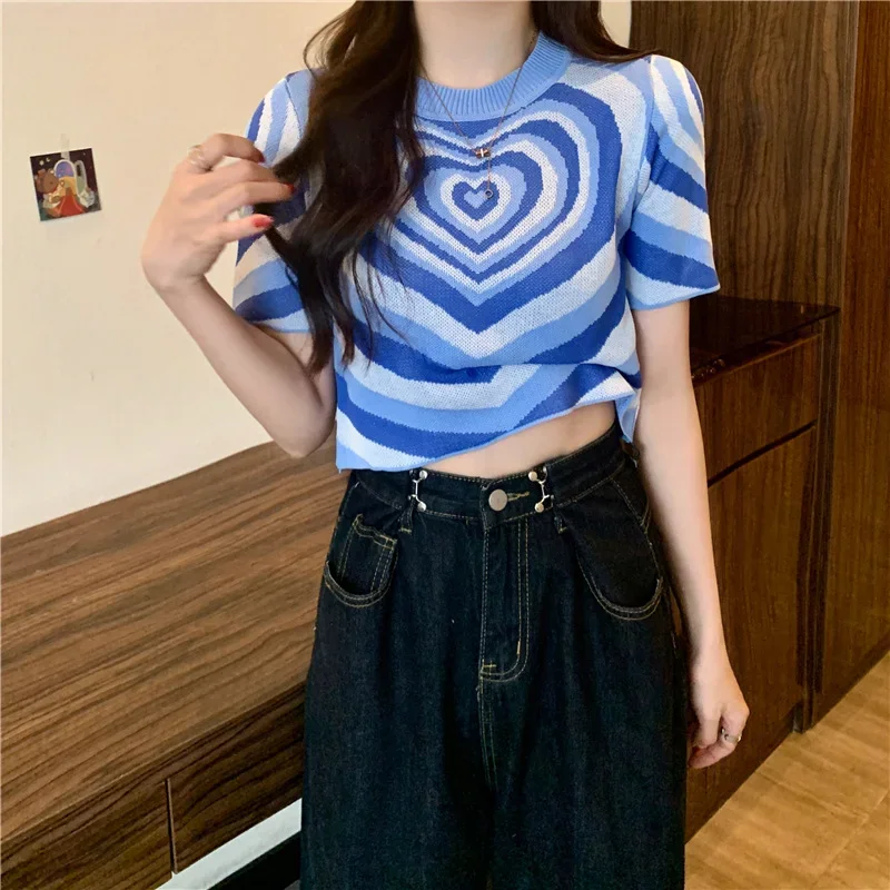 Fashion Knitted Tops Women Korean Style Summer Short Sleeve Love Shape Cute Jumper Spicy Girl Round Neck Sexy Crop Tops Pullover