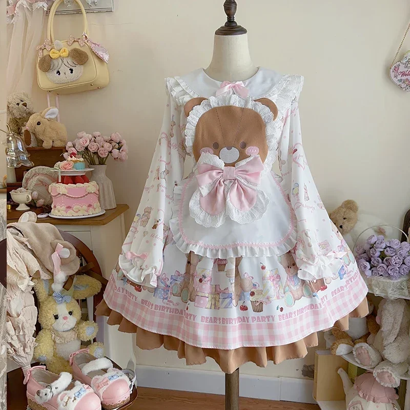 Abito da ragazza a maniche lunghe Lolita dolce e carino originale + grembiule OP Abiti da studente stampati con cartoni animati Kawaii primaverili e autunnali femminili