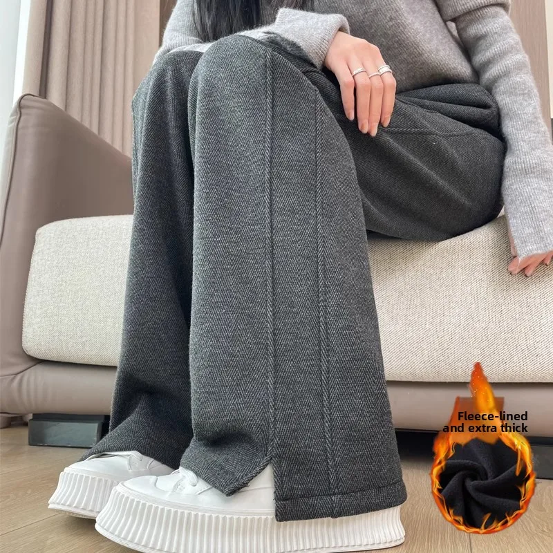 

ay Fce Lined Slim Wide Leg Pants Women's Autumn Winter Thiened Woolen Pants High Waist Commute Sle Korean Faion