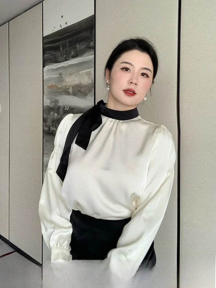 

Mole Большой Размер Цвет Blo Silk irt Весна Осень Новый Sle Высокая Талия Bubble Sve Long Sve Office Commute Faion