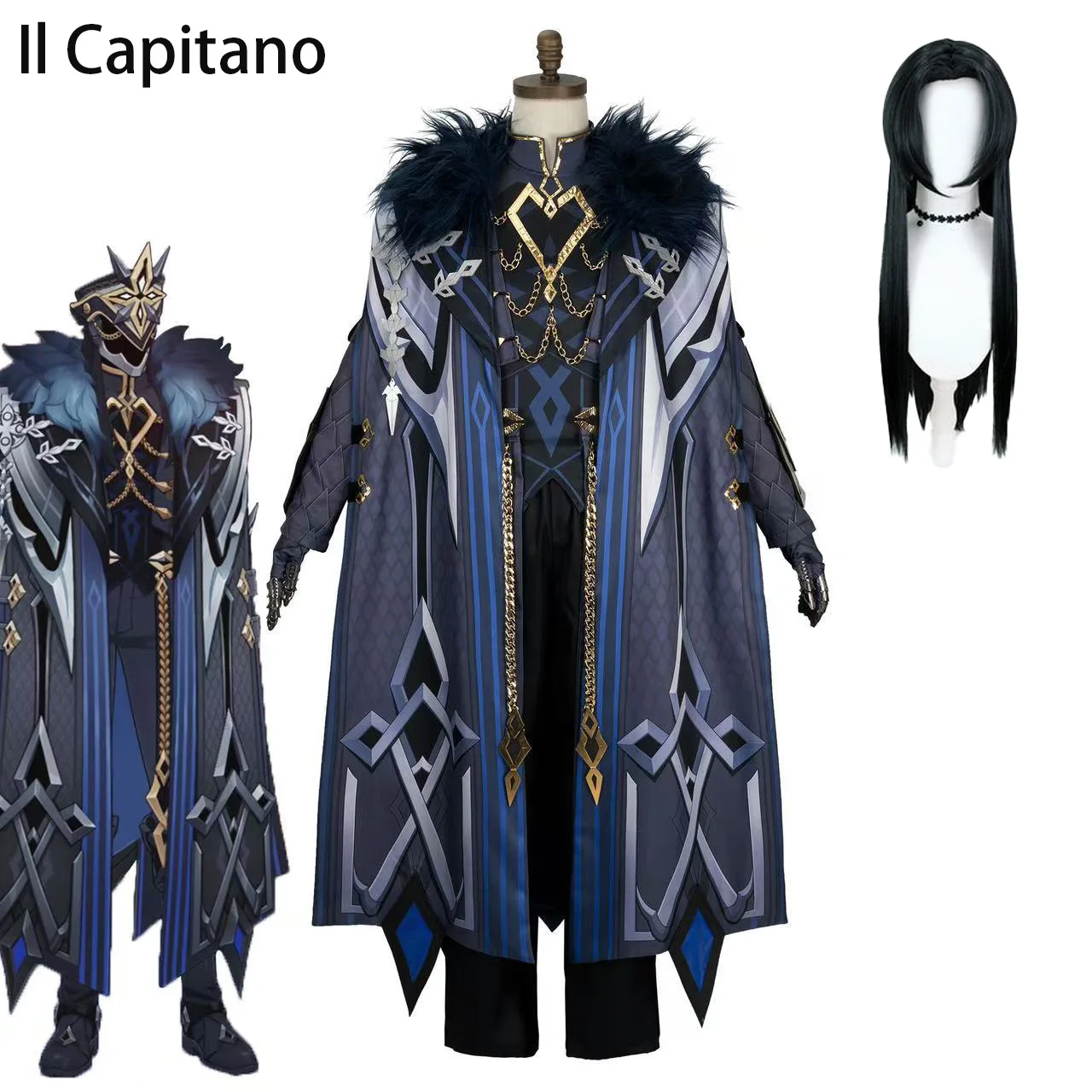 Genshin Impact Il Capitano Der Kapitän Cosplay-Kostüm Umhang Uniform Maske Elf Fatui-Vorbote Natlan Halloween für Frauen Männer