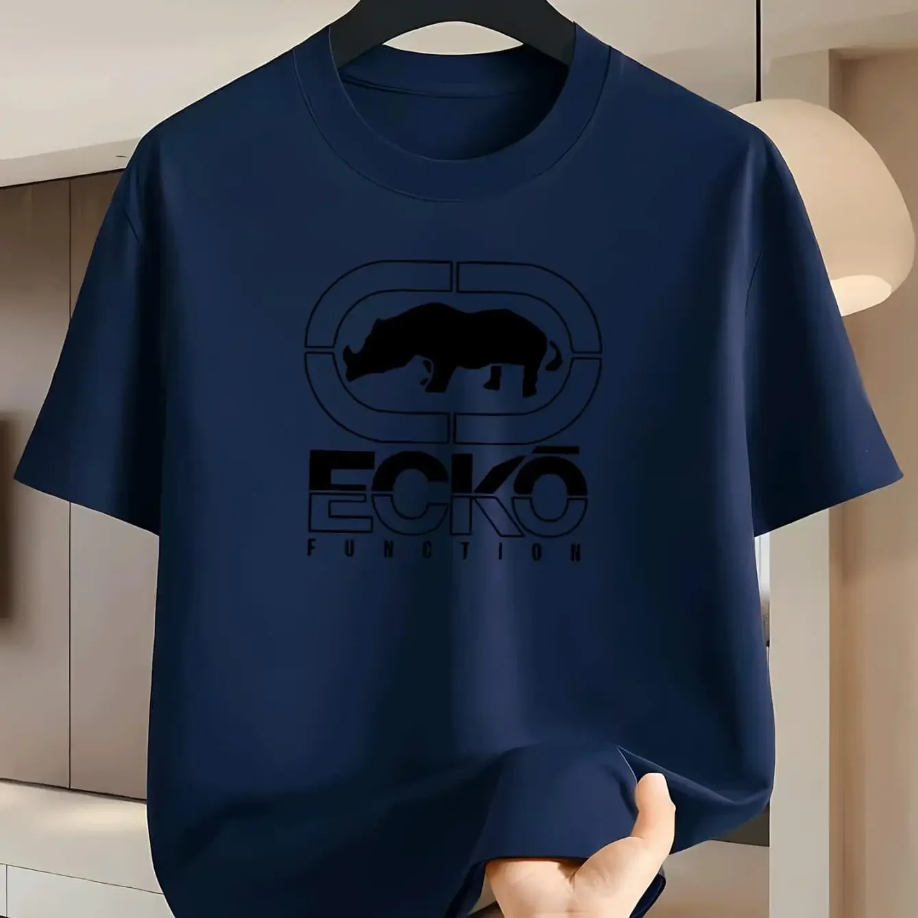 Minimal Split Frame Rhino Ecko Graphic Mens Tee Hot Sale Korea US Soft Cotton Loose Casual Street Short Sleeve Top