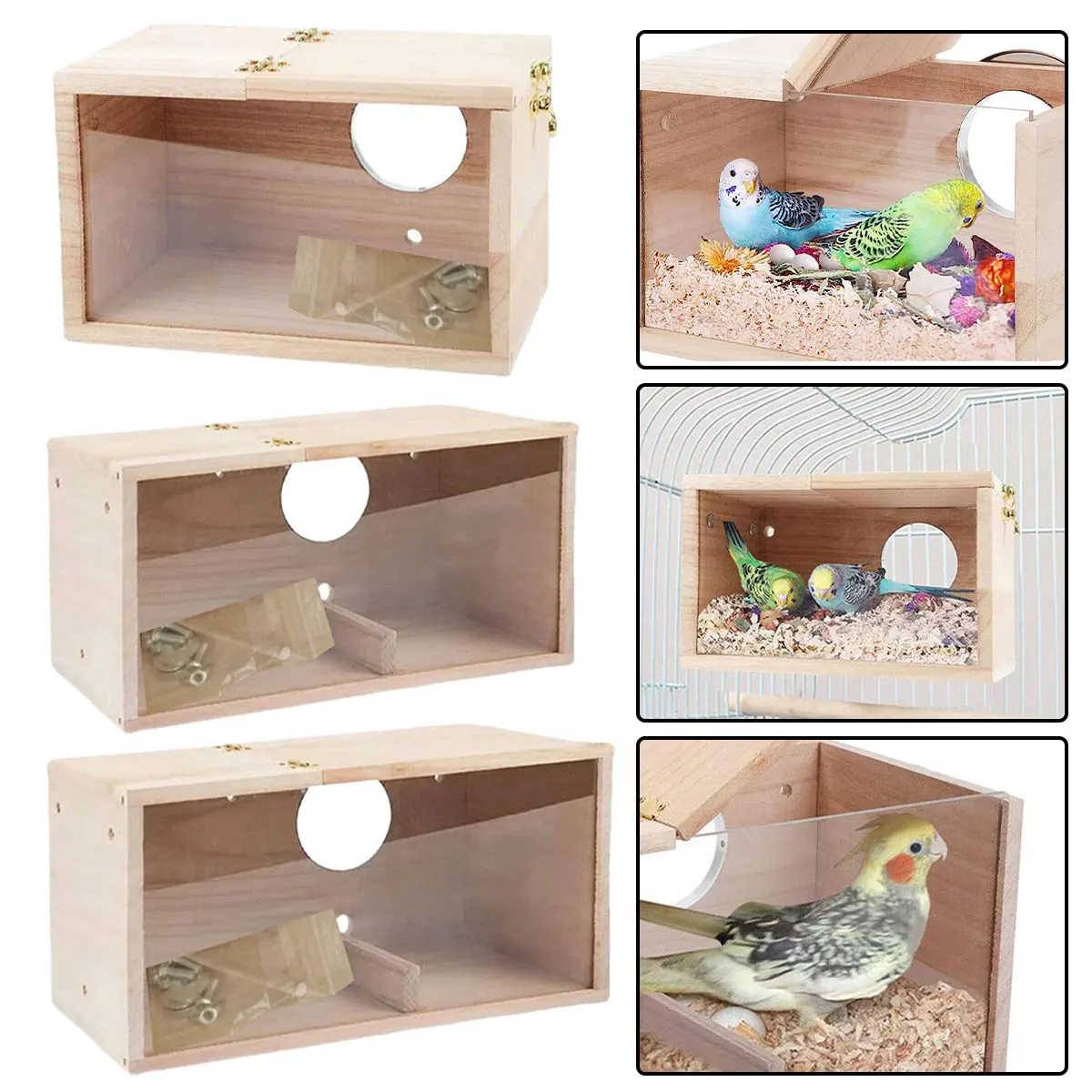 

1Pcs Transparent Wood Bird House Nest Box Parrot Breeding Decorative Cages Pet Accessories Home Balcony Decorative Bird House