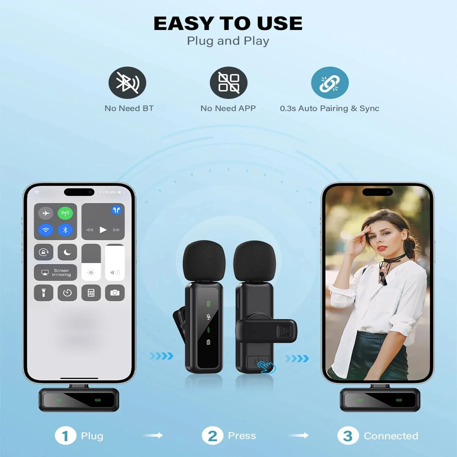 Lavalier Wireless Microphone 80mAh Rechargeable Battery Clip-On Podcast Mic for Streaming Vlogging Voice Recording Plug & Play