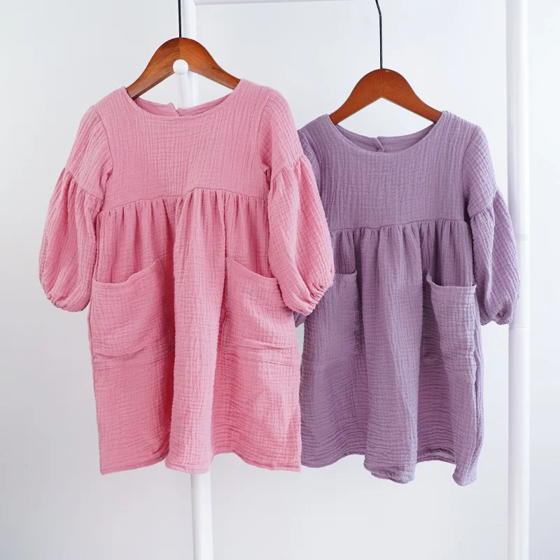 Cotton Double Gauze Girls Dress Spring Clothes Loose Fit Pockets Toddler Girls Dress Kids Natural Outfits