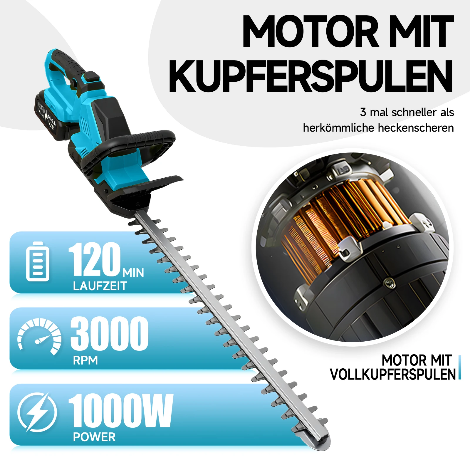 Cortasetos Eléctrico Inalámbrico de 21 Pulgadas, 1000W, 3000 RPM, Herramienta de Jardinería y Paisajismo, Podadora de Setos, 21V, 2 Baterías de 4.0Ah
