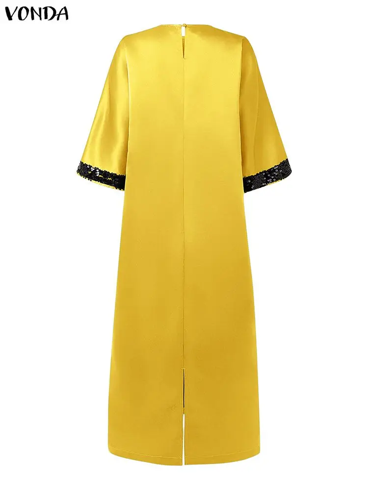 فوندا فساتين طويلة للسيدات على الموضة بوهيمية للحفلات ترتر فساتين طويلة للسيدات 3/4 كم فضفاض من الساتان مقاس كبير 5XL #5