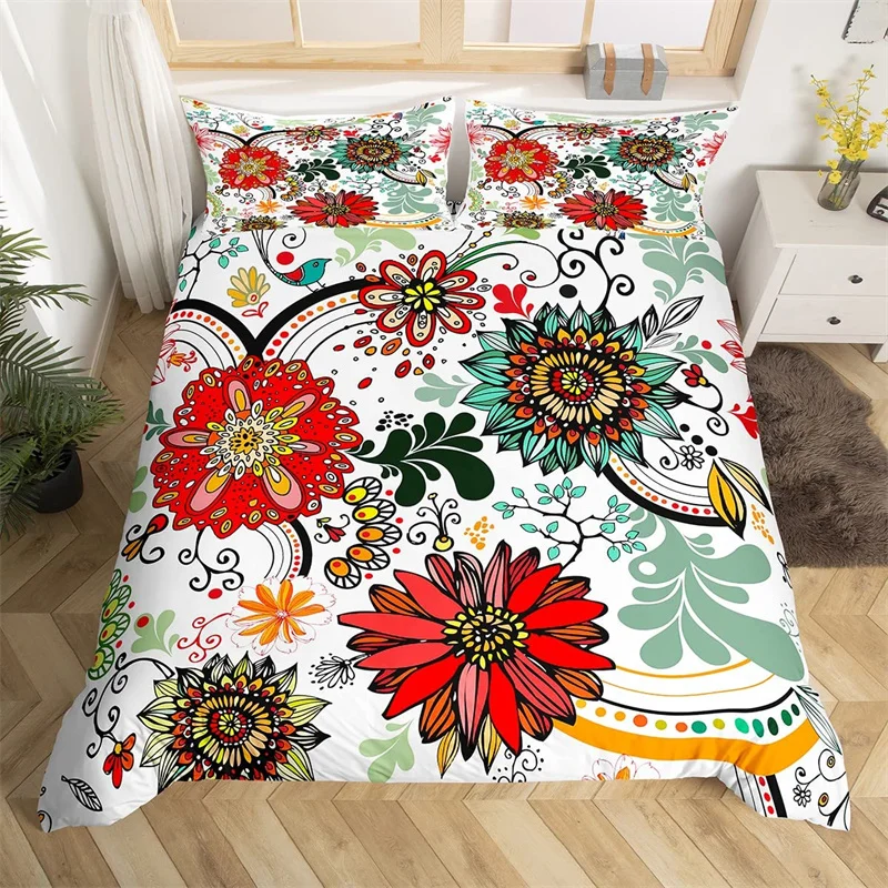 70s Retro Psychedelic Floral Duvet Cover Bohemian Exotic Abstract Flower Bedding Set Queen Microfiber Groovy Flower Quilt Cover