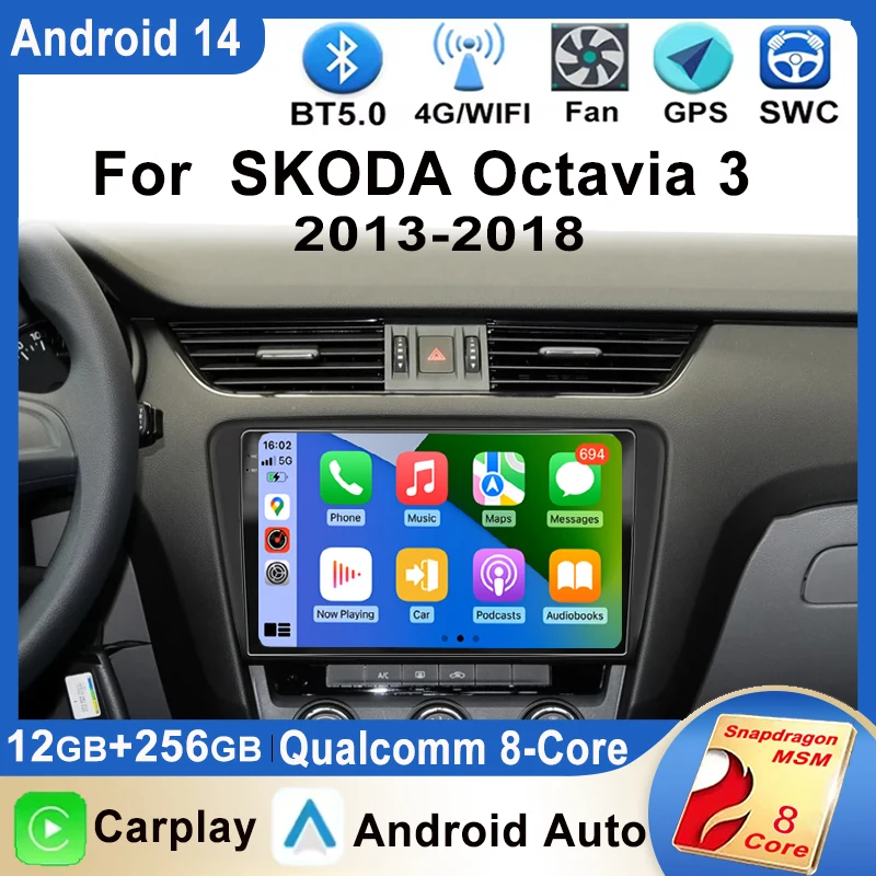 For SKODA Octavia 3 A7 2013 - 2018  Android 14 Car Radio Multimedia Video Player GPS AI Voice CarPlay Head Unit 4G Stereo DSP