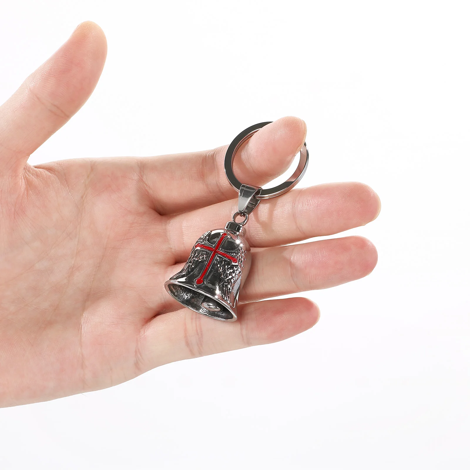 Fongten Freemason Cross Angel Wings Bell Stainless Steel Keychain Viking Triangle Symbol Locomotive Suspension Bell Men Jewelry