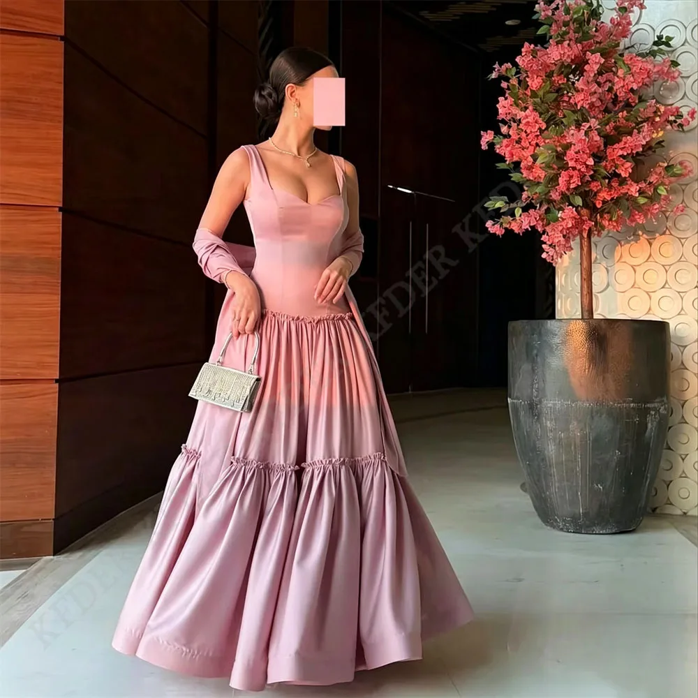 Pink A Line Satin Maxi Evening Dress Backless Long Saudi Arabic Prom Dress Dubai Party Gown Customized