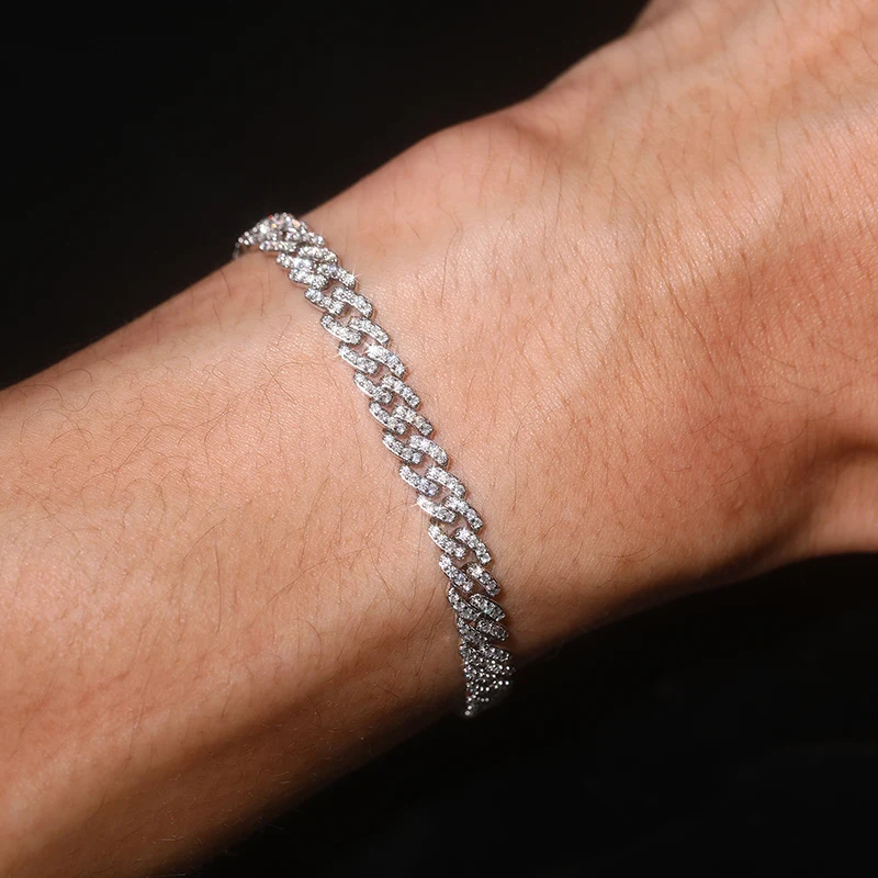 Hip Hop Moissanite Paved Bling Ice Out S925 Sterling Silver 6mm wide Rhombus Cuban Link Chain Bracelets Women Men Rapper Jewelry